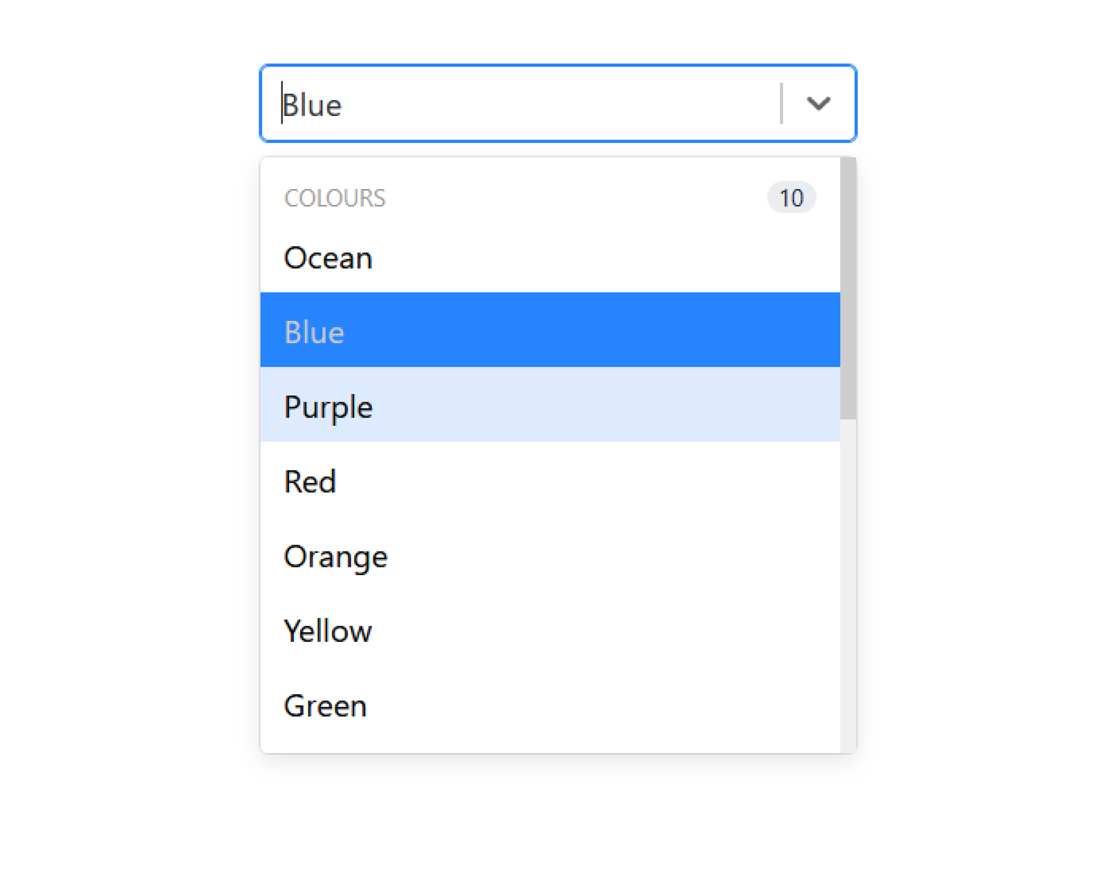 A screenshot of a custom dropdown menu with a thin scrollbar