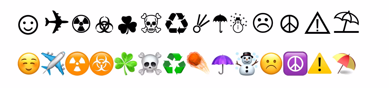 A screenshot showing emoji rendered as text in the top line, and rendered properly as emoji on the second line