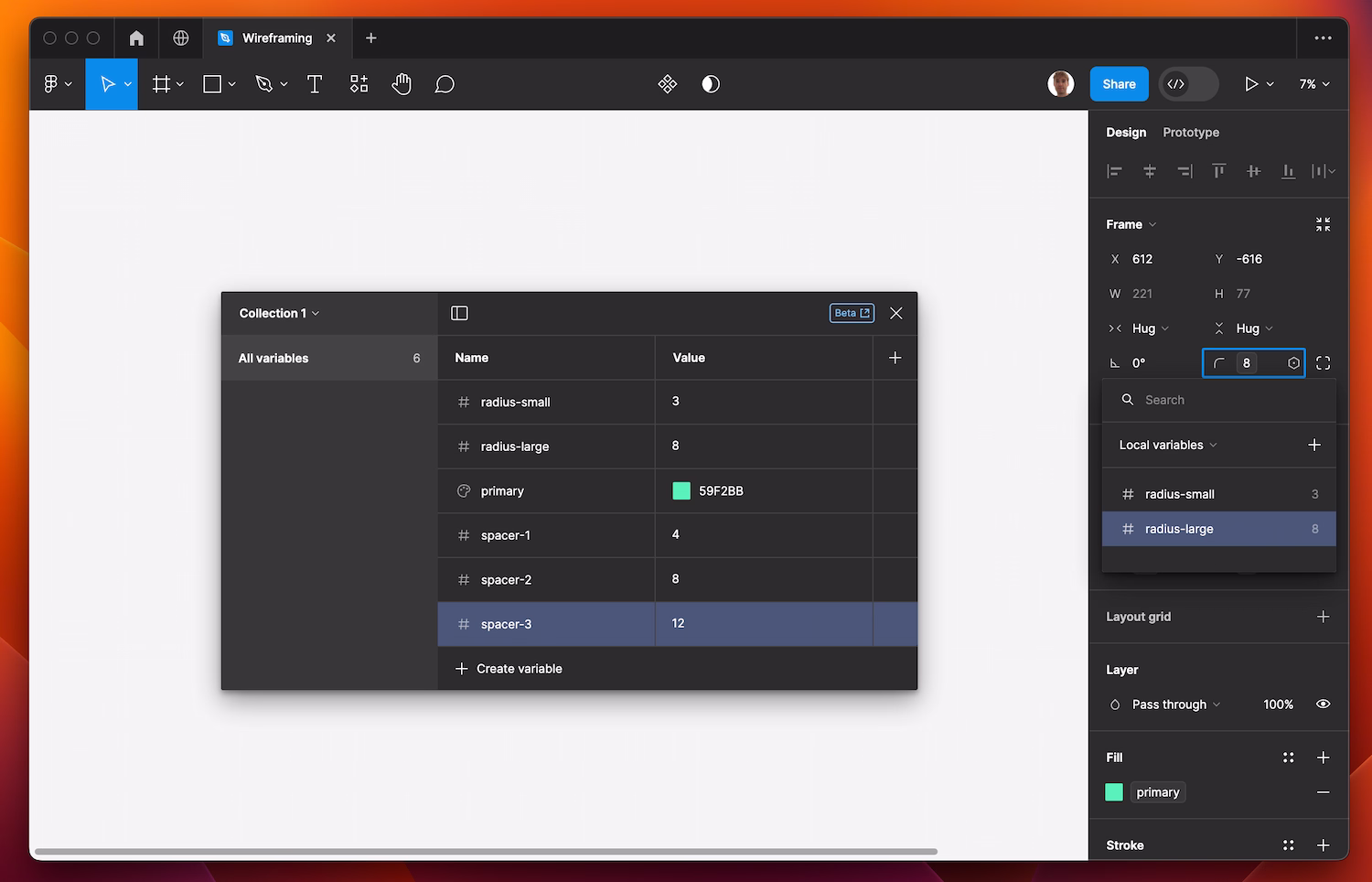 A screenshot of the Figma variables UI