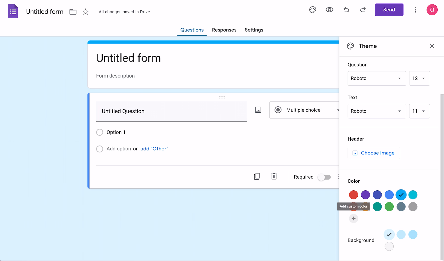 A screenshot from Google Form's where the user can pick a color to theme their form