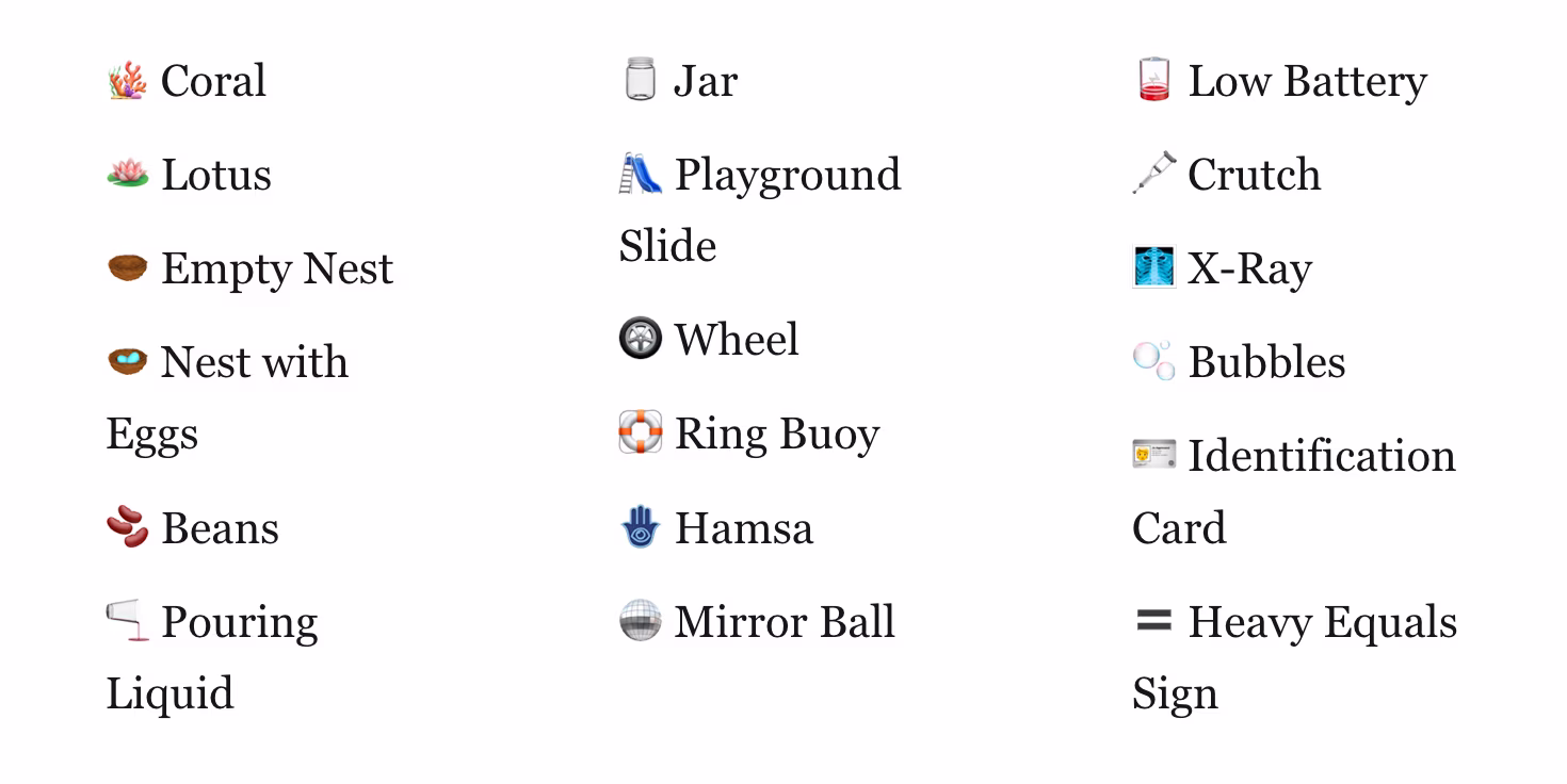 Screenshot of some of the newer emoji such as Coral and Lotus rendered correctly